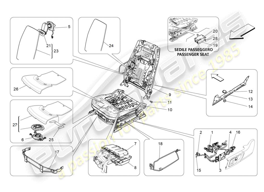 maserati levante gt (2022) asientos delanteros: diagrama de piezas de mecánica y electrónica