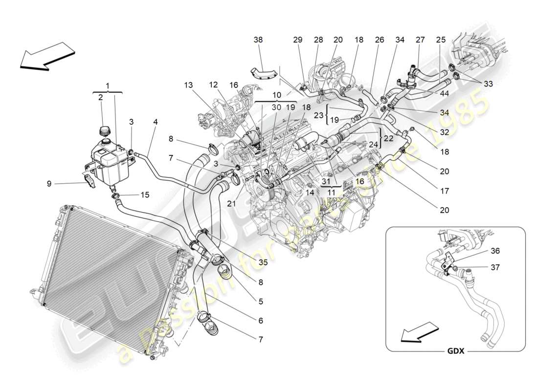 maserati ghibli (2014) sistema de refrigeración: diagrama de piezas de nourice y líneas