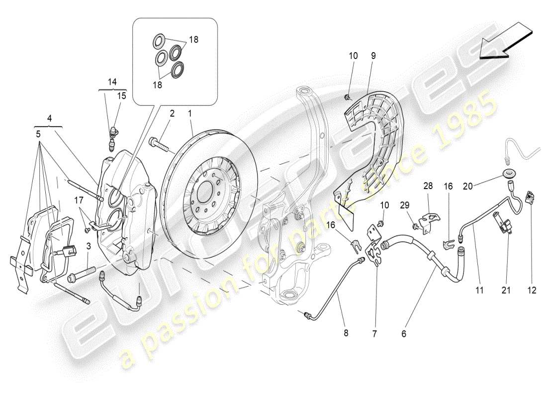 maserati ghibli (2020) diagrama de piezas de los dispositivos de frenado en las ruedas delanteras