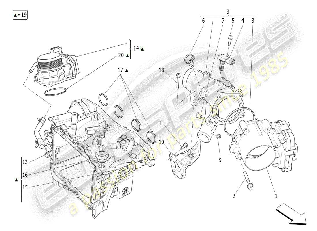maserati ghibli (2021) diagrama de partes del colector de admisión y del cuerpo del acelerador
