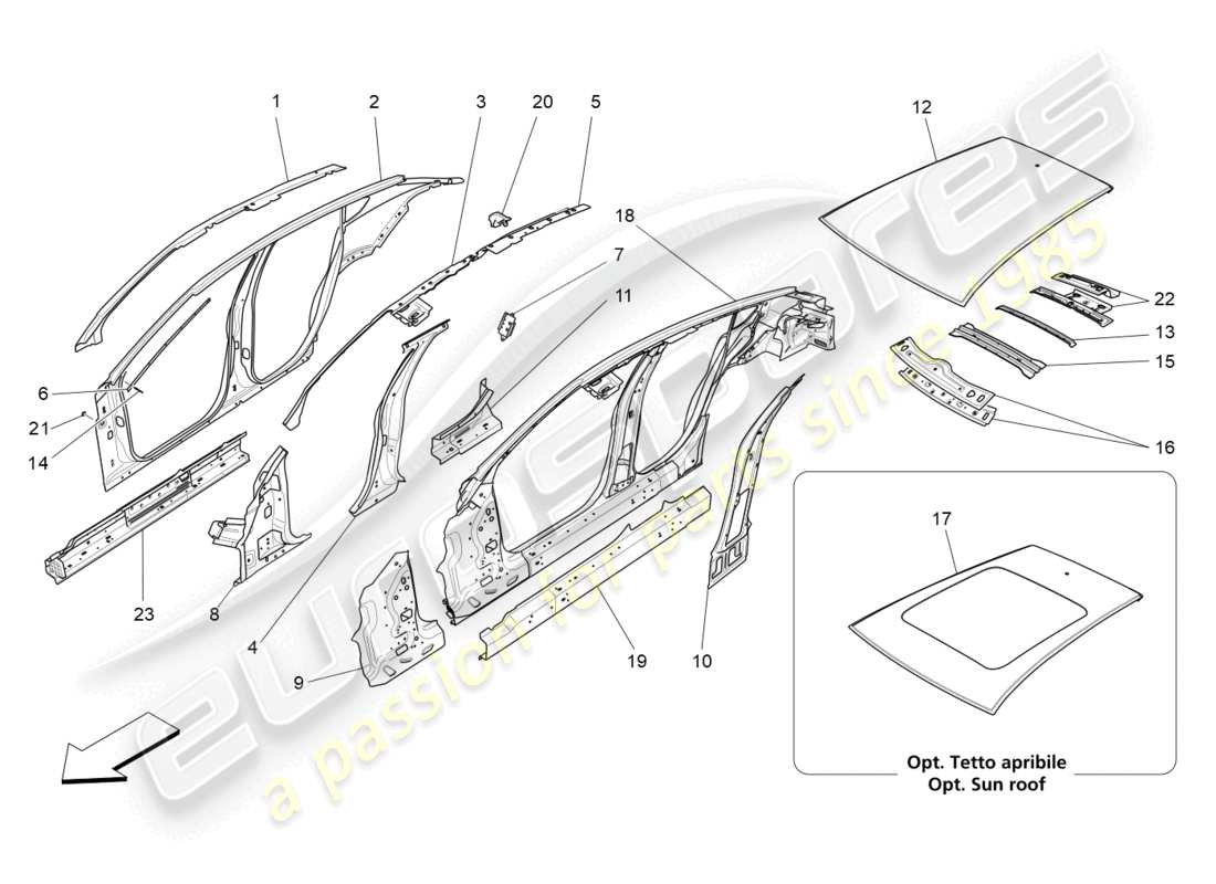 maserati levante (2019) carrocería y paneles exteriores centrales diagrama de piezas