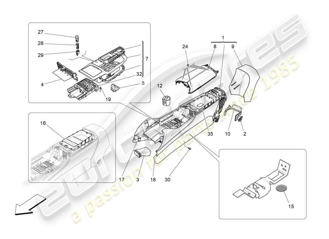 maserati levante gt (2022) consola de accesorios y consola central diagrama de piezas