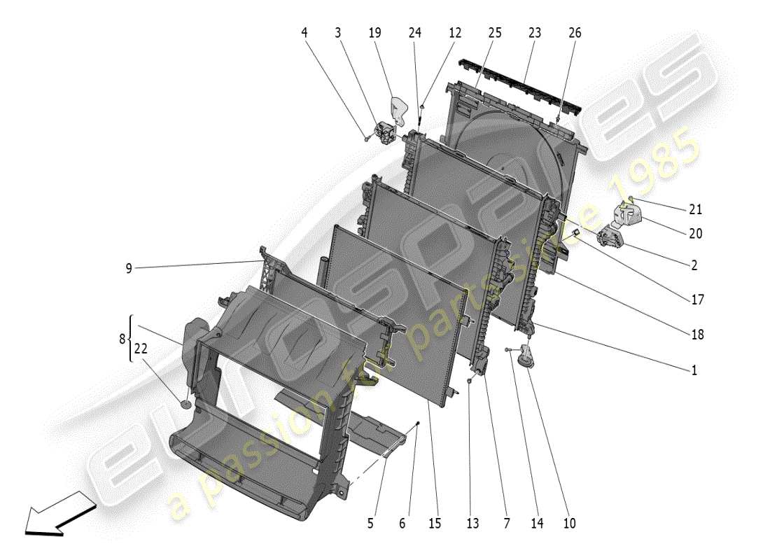 maserati grecale modena (2023) enfriamiento: diagrama de piezas de conductos y radiadores de aire