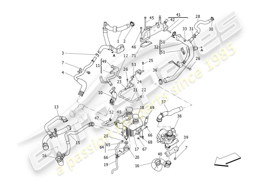 maserati levante gt (2022) sistema de enfriamiento: nourice y líneas diagrama de piezas