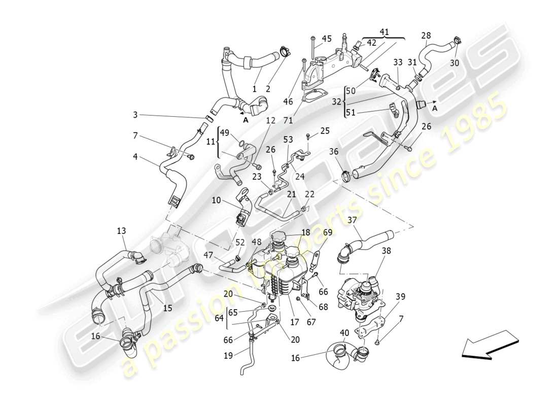 maserati levante gt (2022) sistema de refrigeración: diagrama de piezas de nourice y líneas