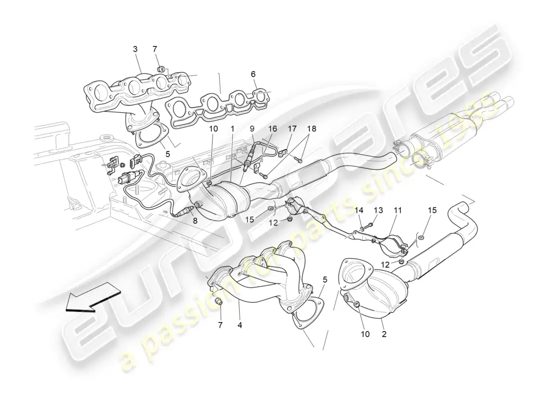 maserati granturismo (2014) convertidores precatalíticos y convertidores catalíticos. diagrama de piezas