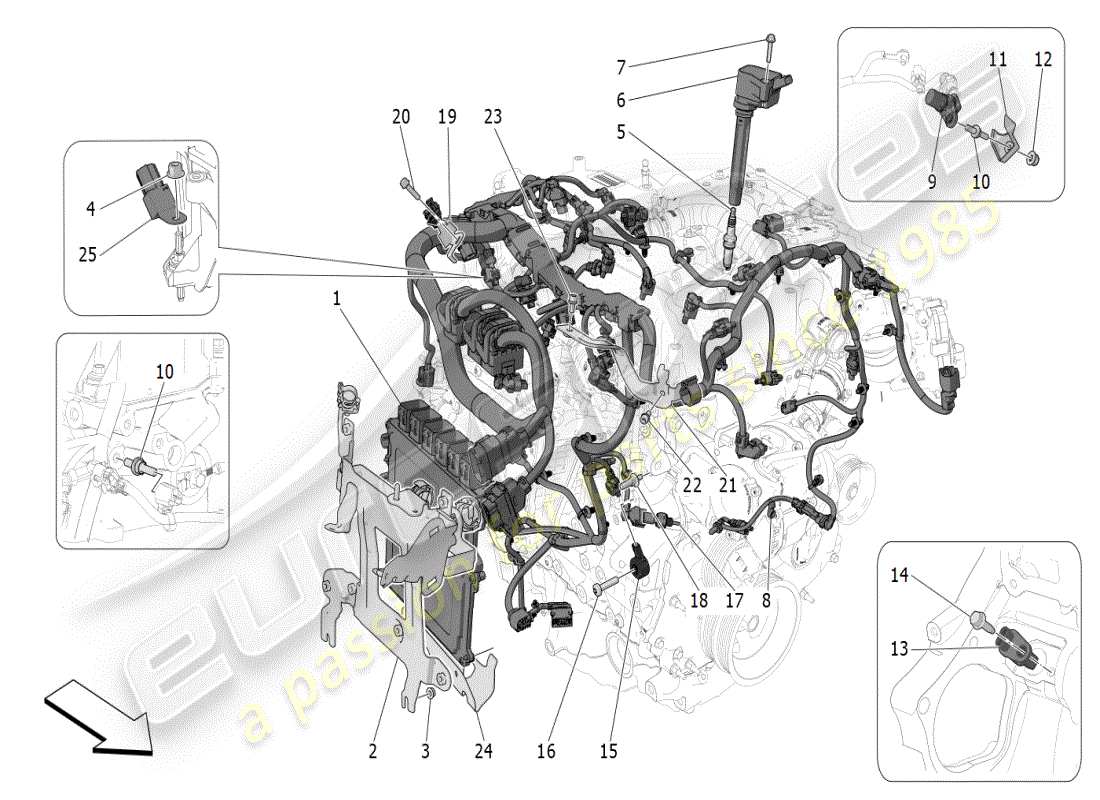 maserati grecale modena (2023) control electrónico: diagrama de piezas de control de sincronización del motor y inyección
