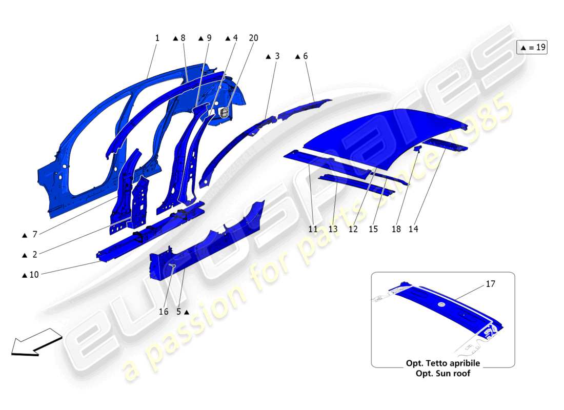 maserati grecale trofeo (2023) diagrama de piezas de carrocería y paneles exteriores centrales