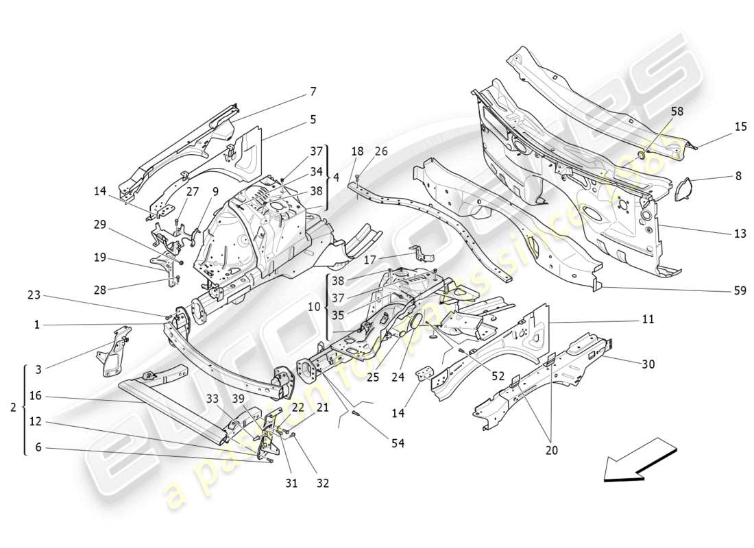 maserati levante (2018) marcos estructurales frontales y paneles de chapa diagrama de piezas
