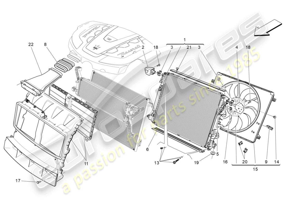 maserati levante (2018) enfriamiento: diagrama de piezas de conductos y radiadores de aire