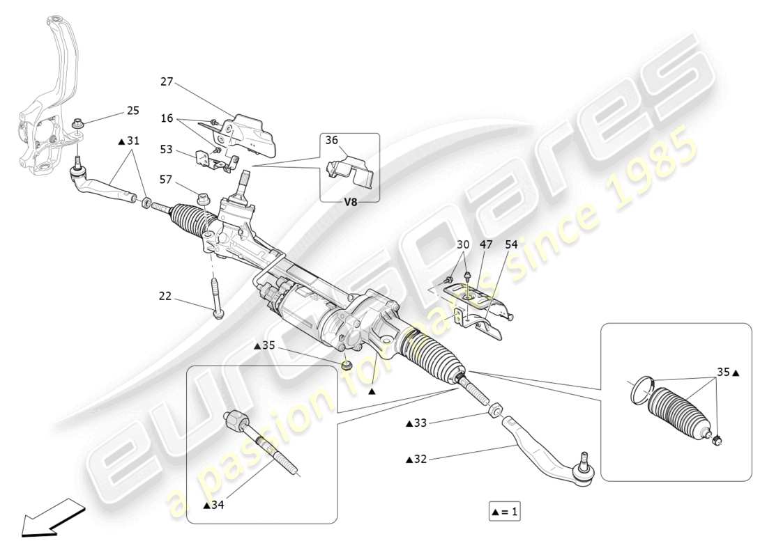 maserati levante modena (2022) unidad completa de cremallera de dirección diagrama de piezas