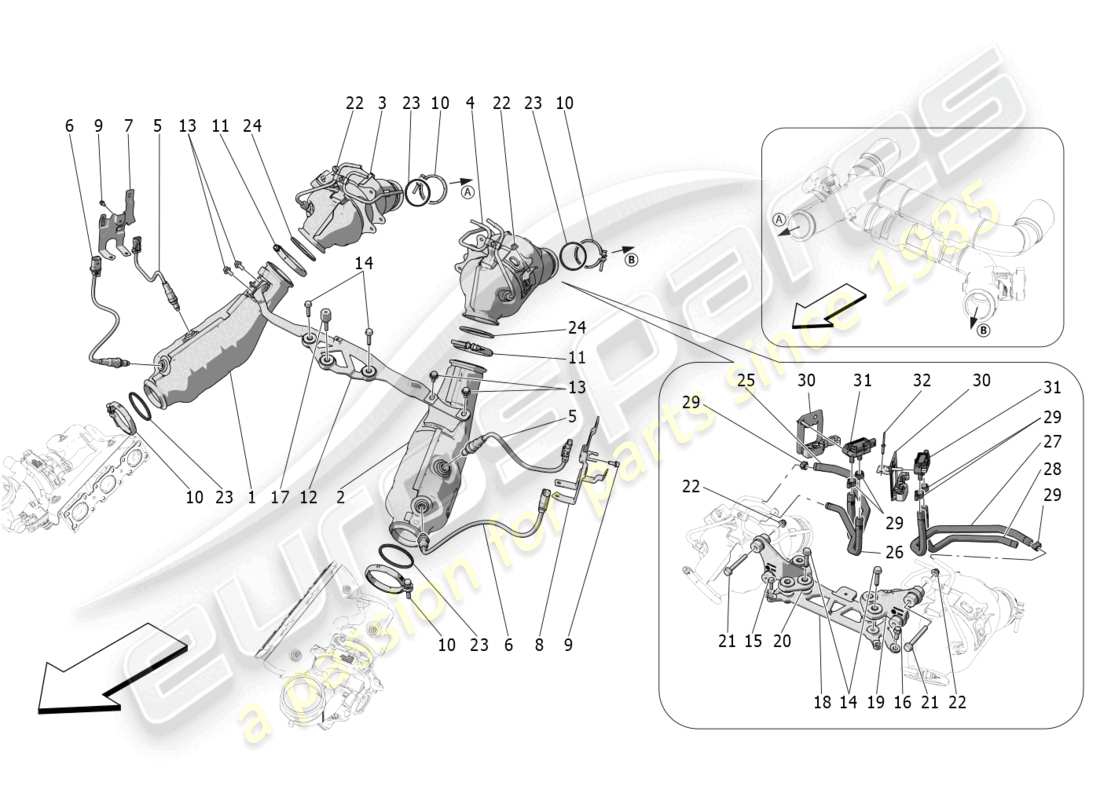 maserati mc20 cielo (2023) diagrama de piezas de convertidores precatalíticos y convertidores catalíticos