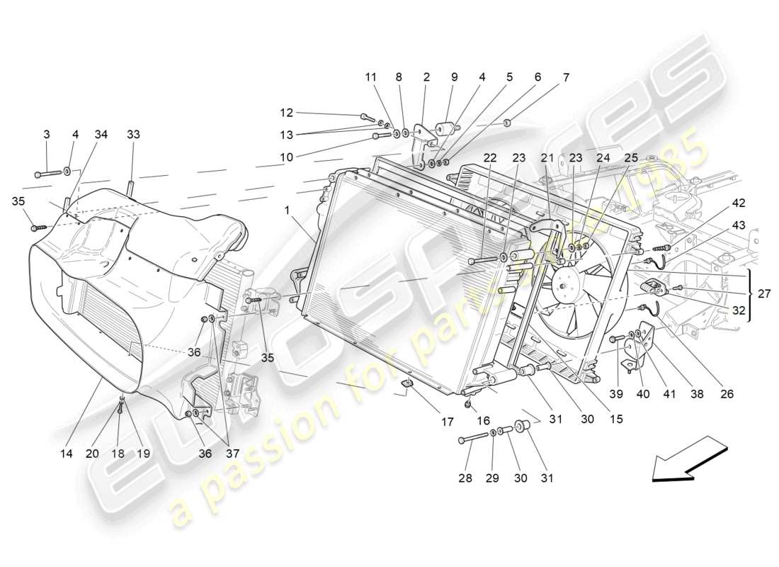 maserati grancabrio mc (2013) enfriamiento: diagrama de piezas de conductos y radiadores de aire