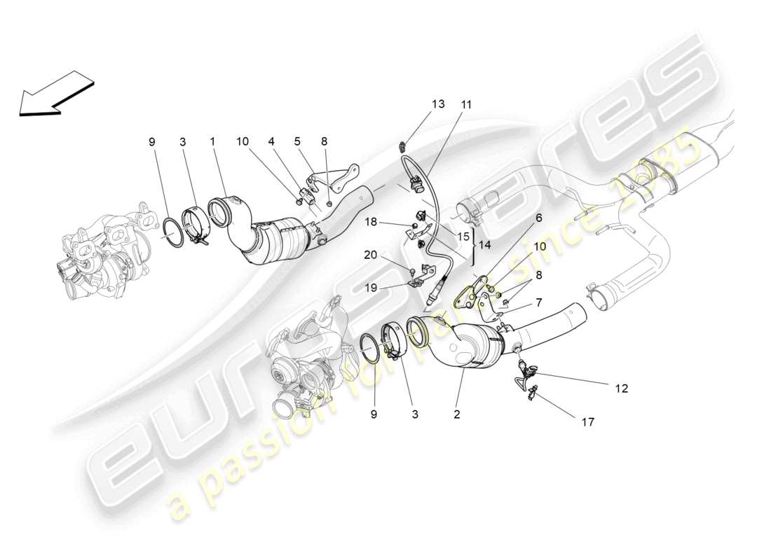maserati levante (2020) diagrama de piezas de convertidores precatalíticos y convertidores catalíticos