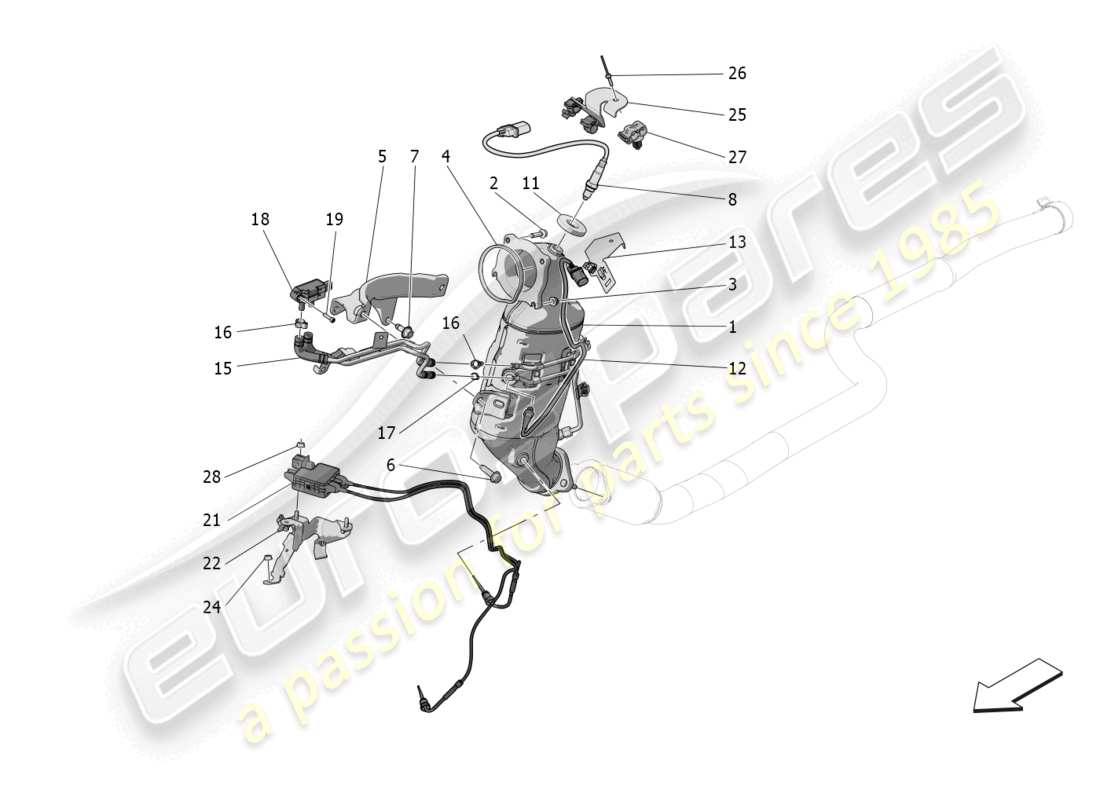 maserati grecale gt (2023) diagrama de piezas de convertidores precatalíticos y convertidores catalíticos