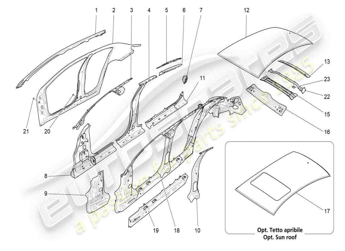 maserati ghibli (2021) diagrama de piezas de carrocería y paneles exteriores centrales