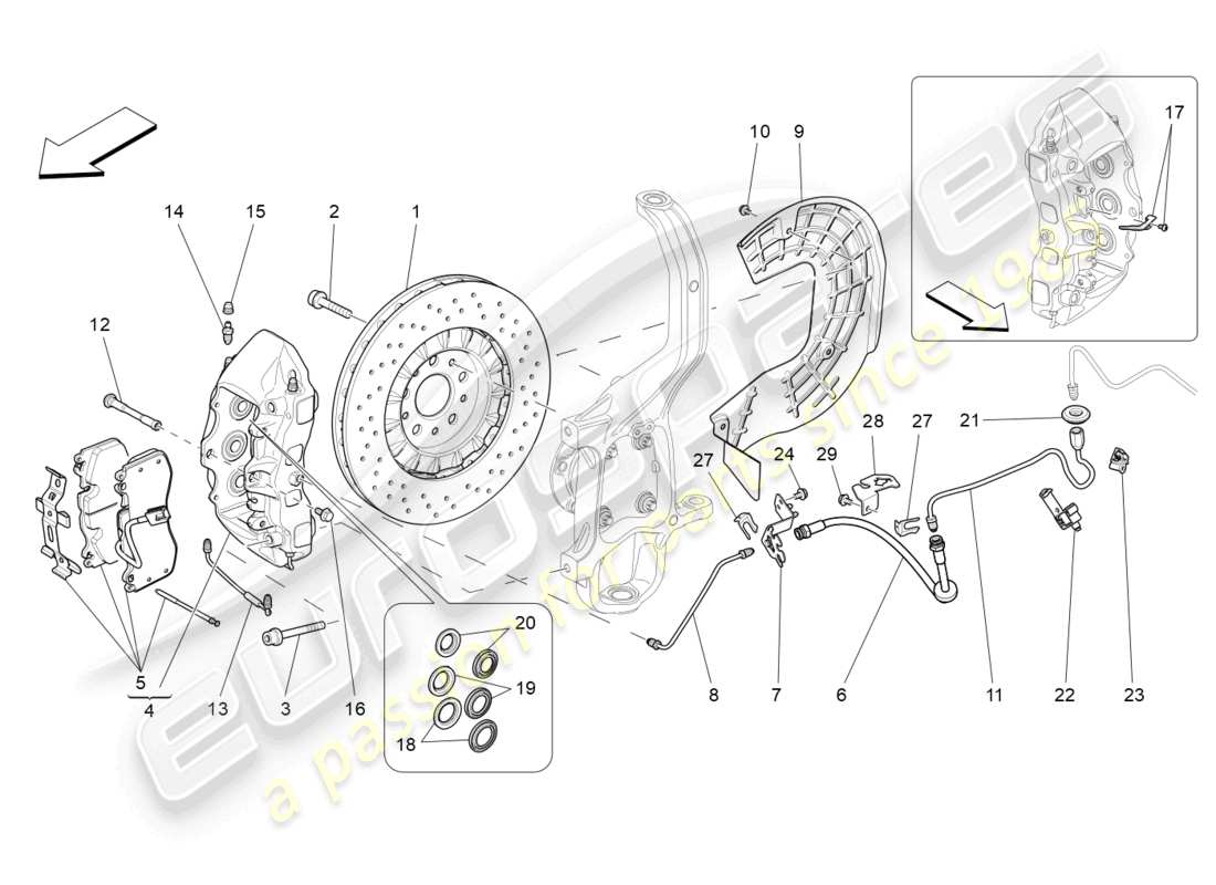 maserati quattroporte (2018) diagrama de piezas de los dispositivos de frenado en las ruedas delanteras