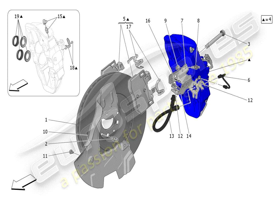 maserati grecale modena (2023) diagrama de piezas de los dispositivos de frenado en las ruedas delanteras