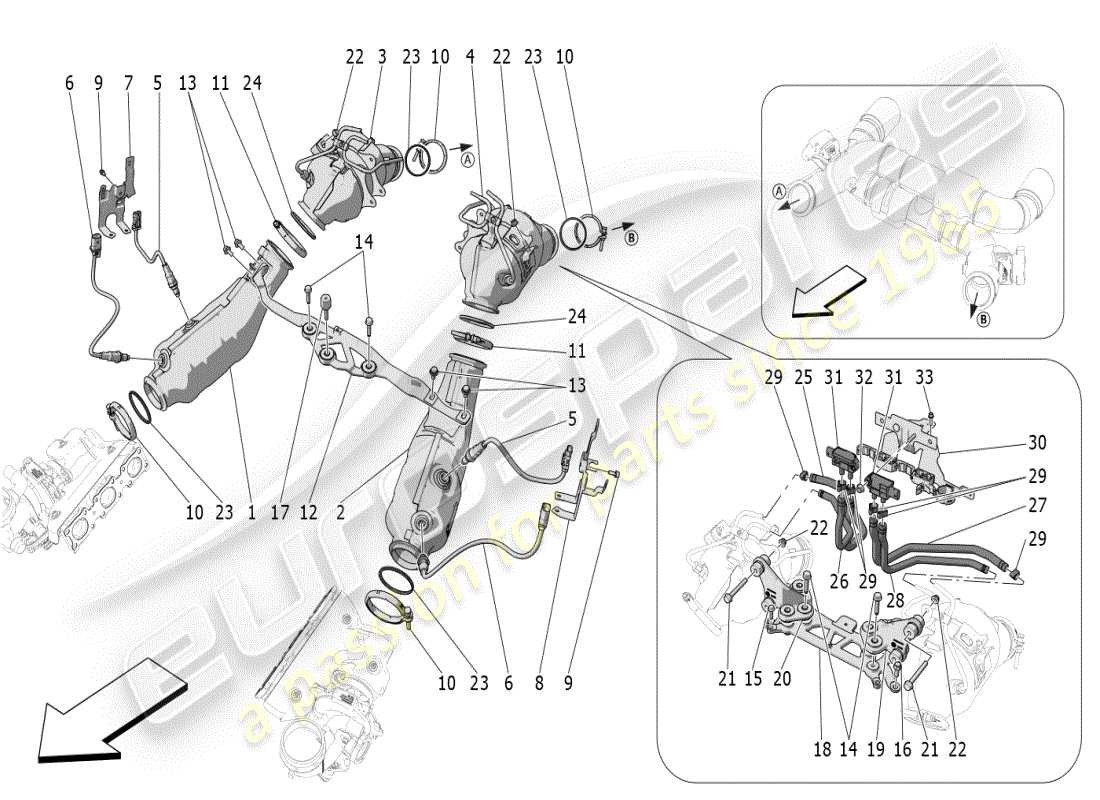 maserati mc20 (2024) convertidores precatalíticos y convertidores catalíticos. diagrama de piezas