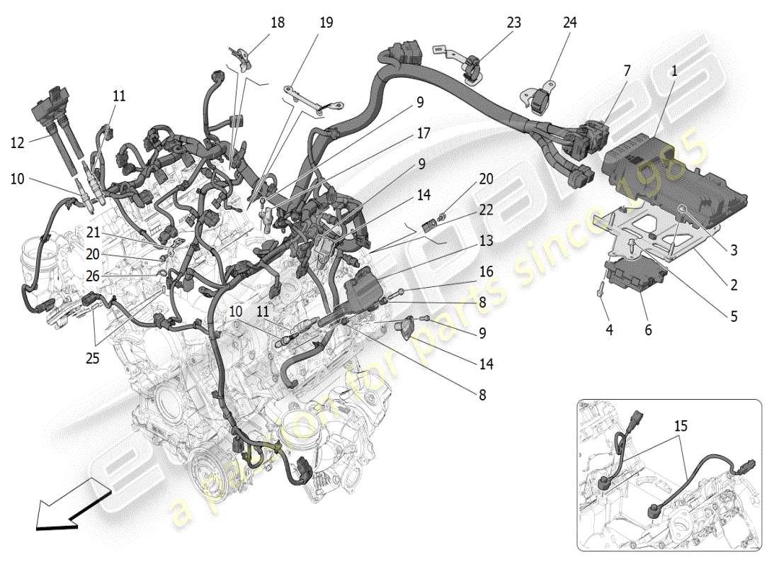 maserati mc20 (2024) control electrónico: diagrama de piezas de control de sincronización del motor y inyección