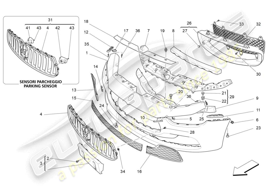 maserati ghibli (2014) diagrama de piezas del parachoques delantero