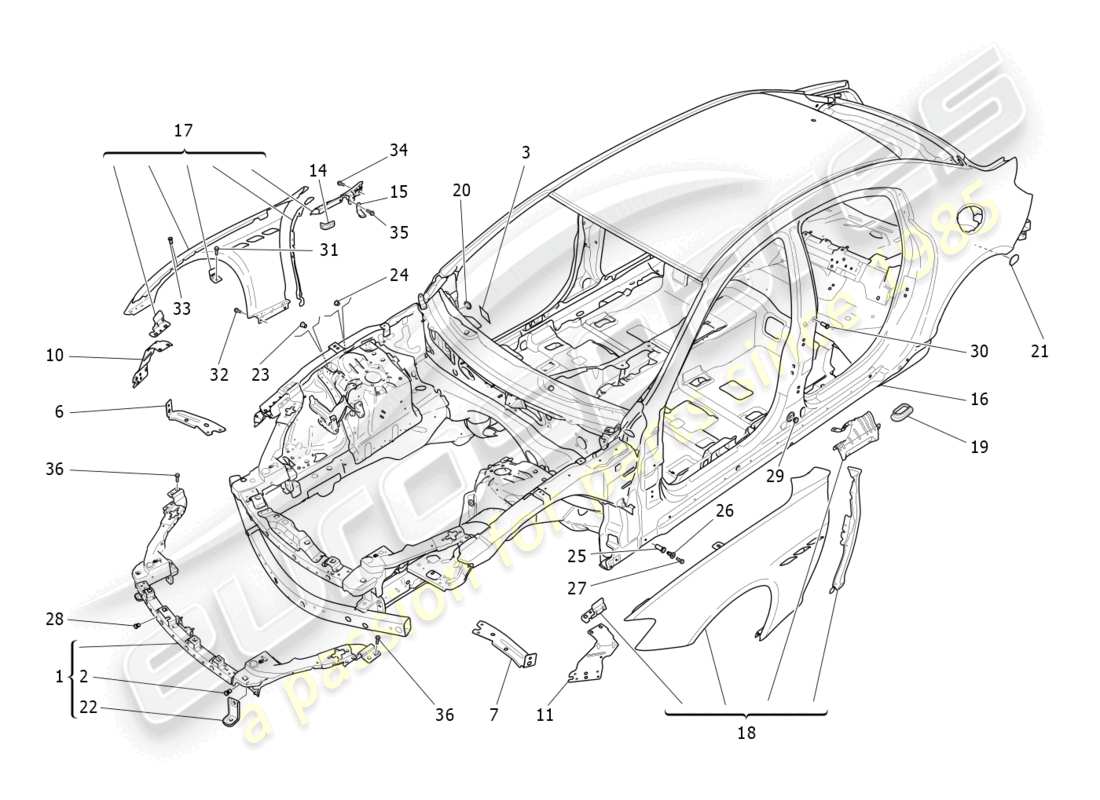 maserati ghibli (2014) diagrama de piezas de la carrocería y los paneles exteriores delanteros