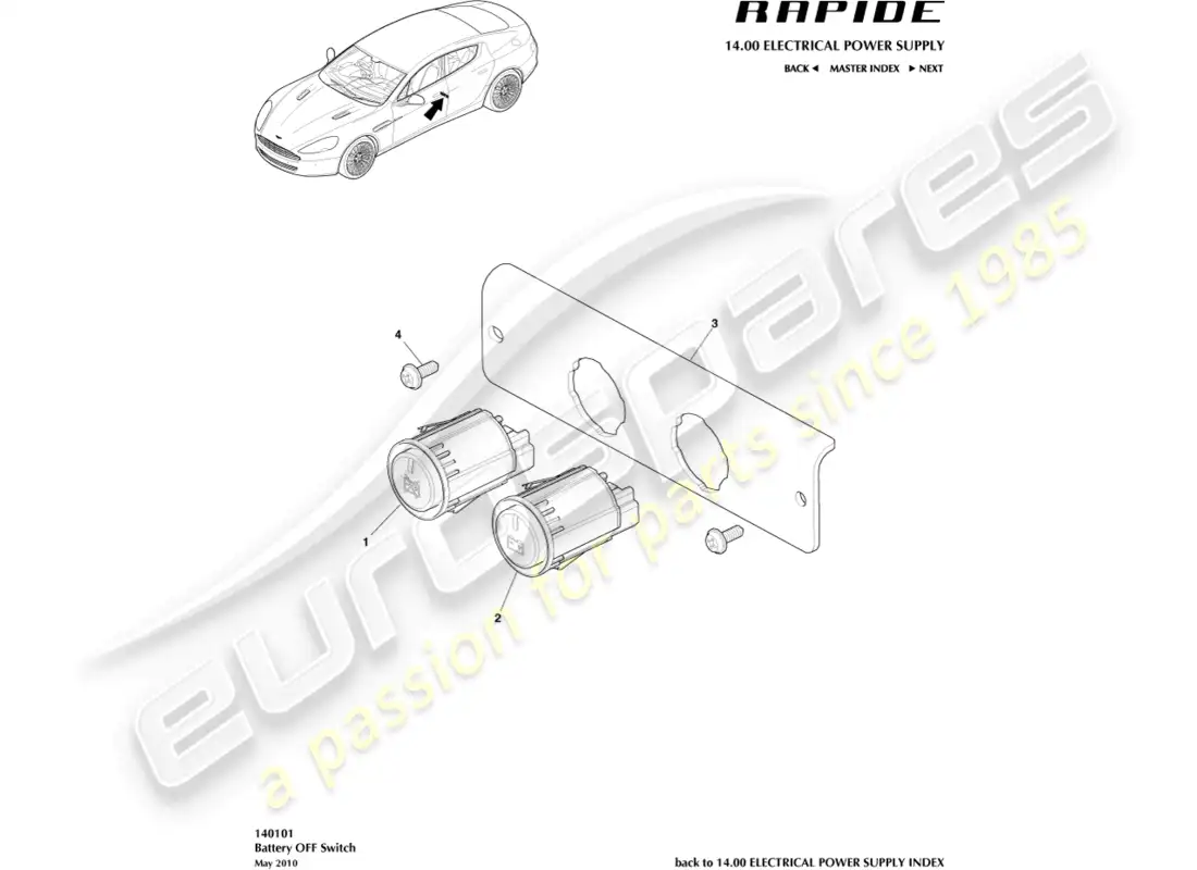 aston martin rapide (2010) interruptor de apagado de batería diagrama de piezas