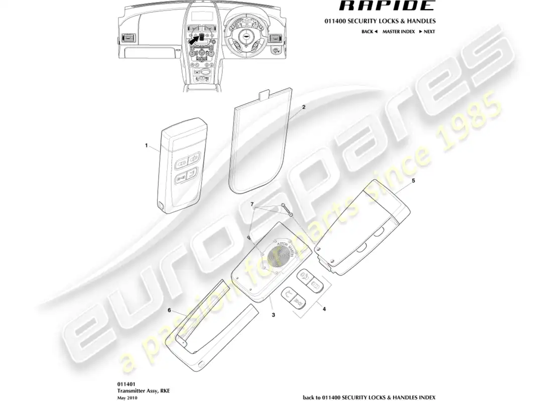 aston martin rapide (2010) transmisor rke diagrama de piezas