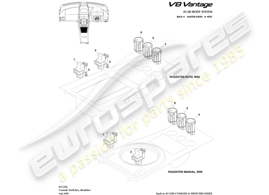 aston martin v8 vantage (2008) interruptores de consola, diagrama de piezas del roadster