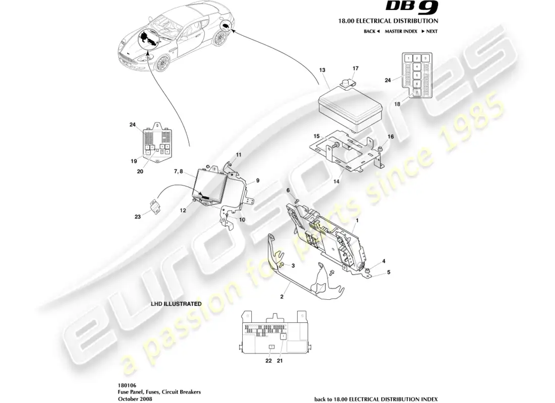 aston martin db9 (2008) paneles de fusibles diagrama de piezas