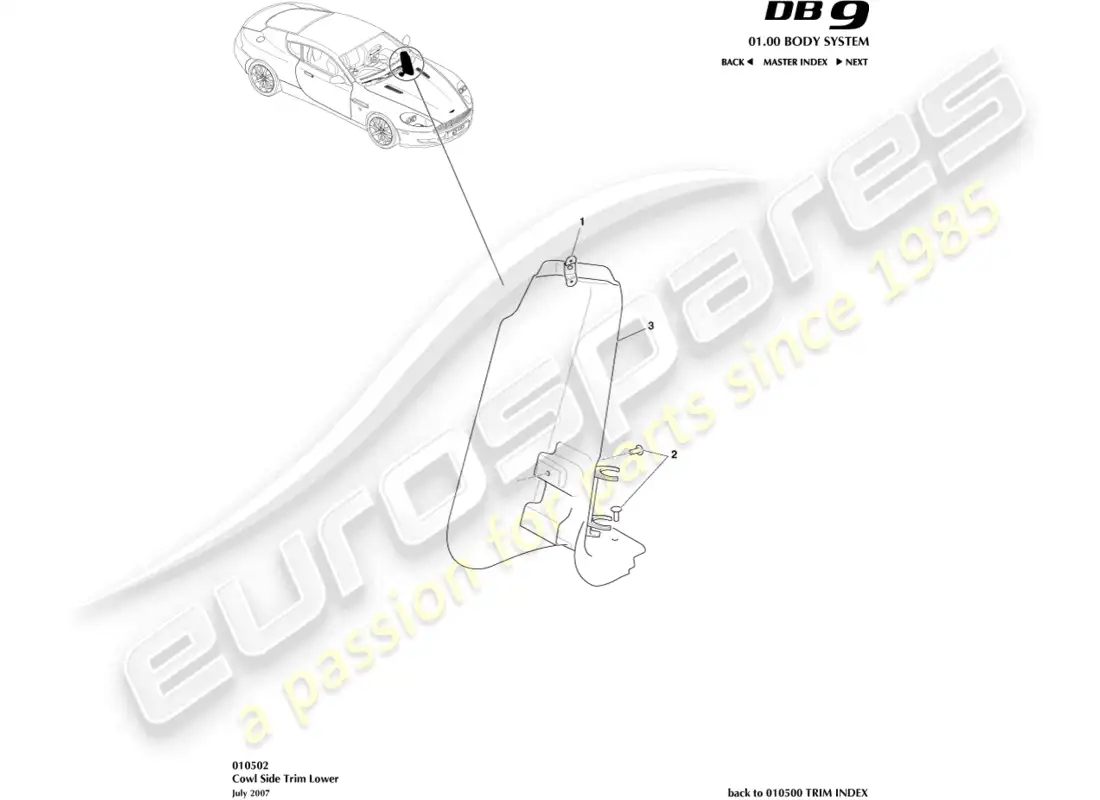 aston martin db9 (2007) moldura lateral del capó, inferior diagrama de piezas