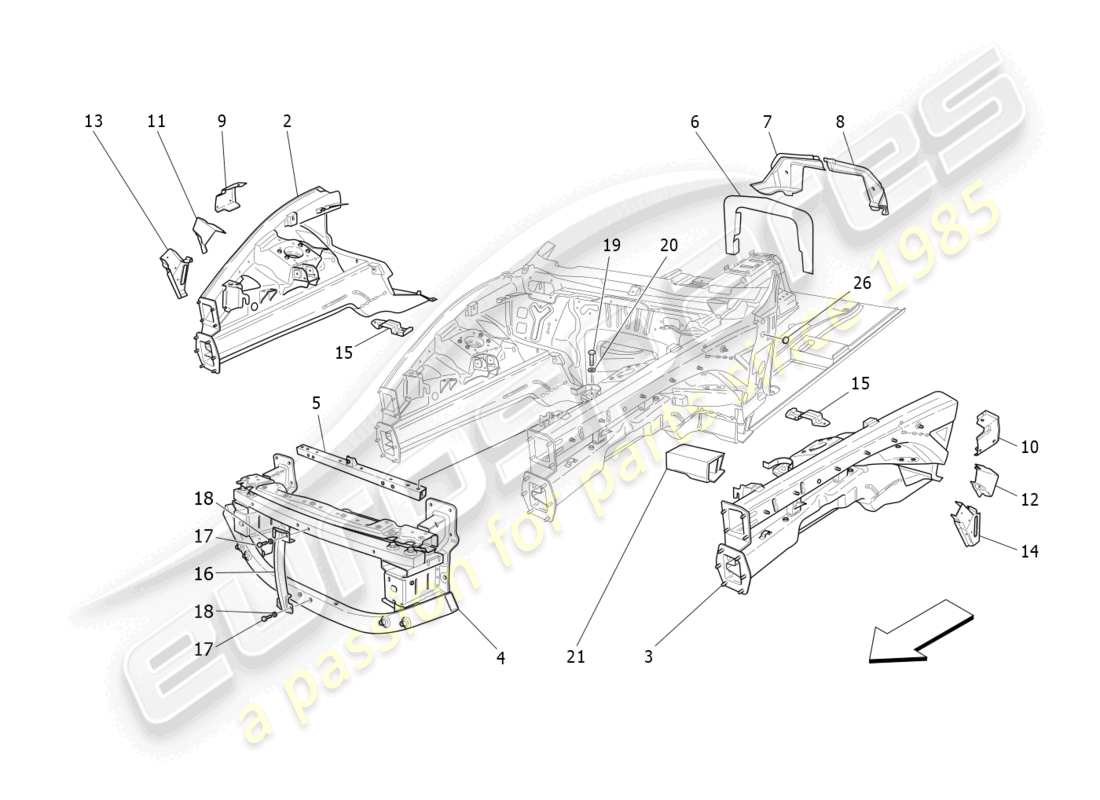 maserati granturismo mc stradale (2013) diagrama de piezas de marcos estructurales frontales y paneles laminares