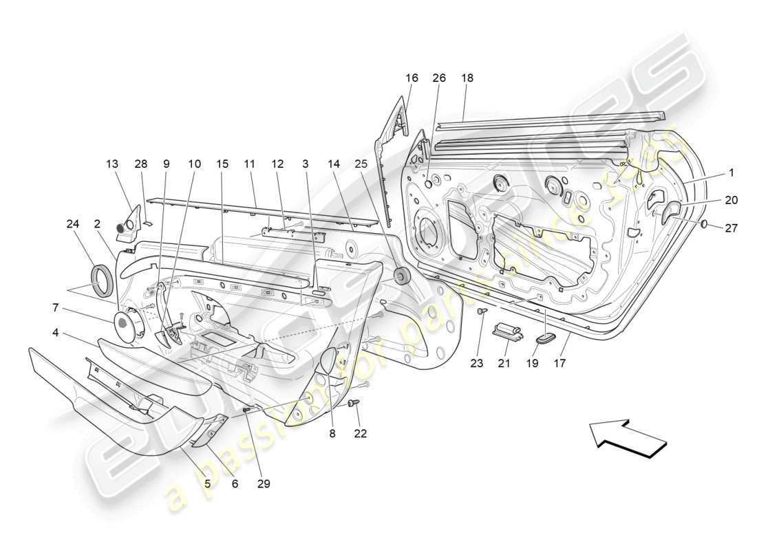 maserati granturismo mc stradale (2013) puertas delanteras: diagrama de piezas de los paneles embellecedores