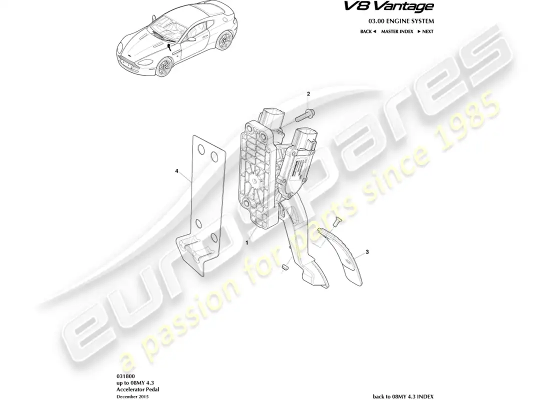aston martin v8 vantage (2008) diagrama de piezas del pedal del acelerador