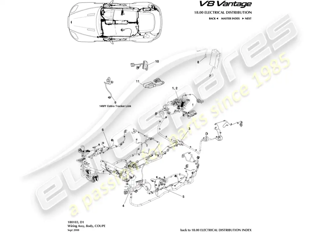 aston martin v8 vantage (2008) arnés corporal, diagrama de piezas del cupé