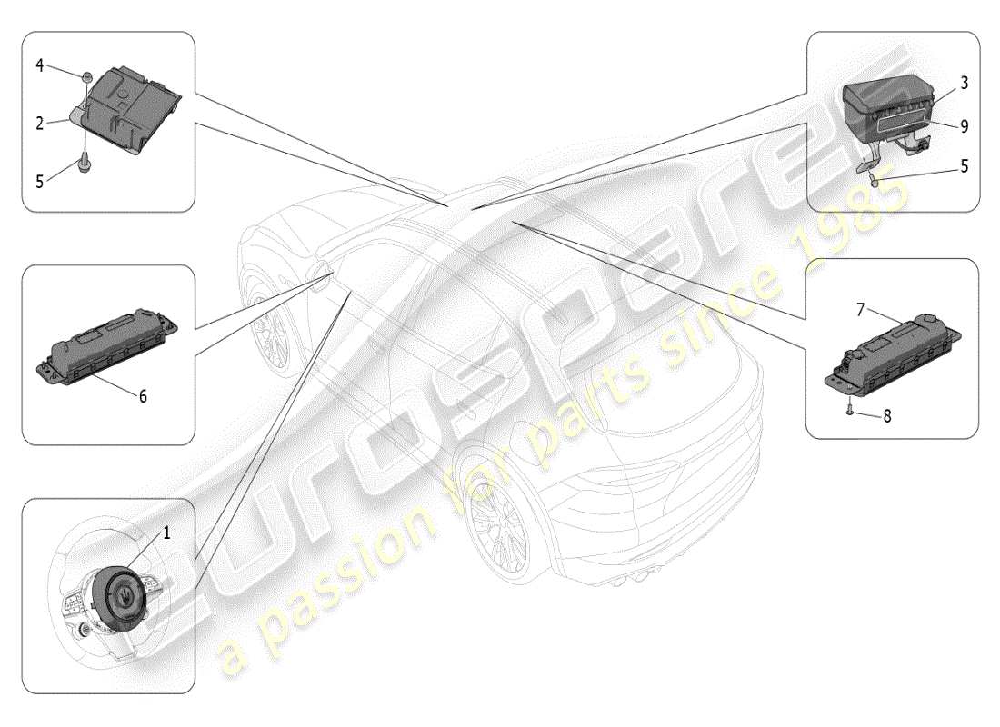 maserati grecale modena (2023) diagrama de piezas del sistema de airbag delantero