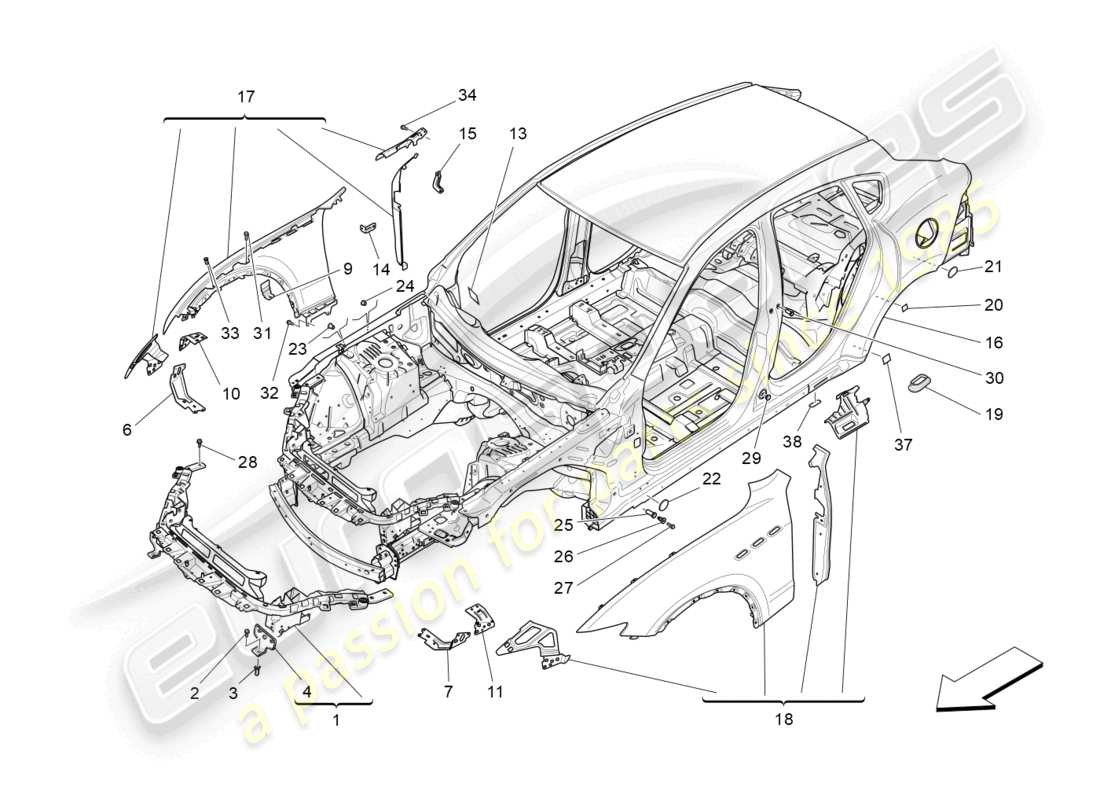 maserati levante (2020) carrocería y paneles exteriores delanteros diagrama de piezas