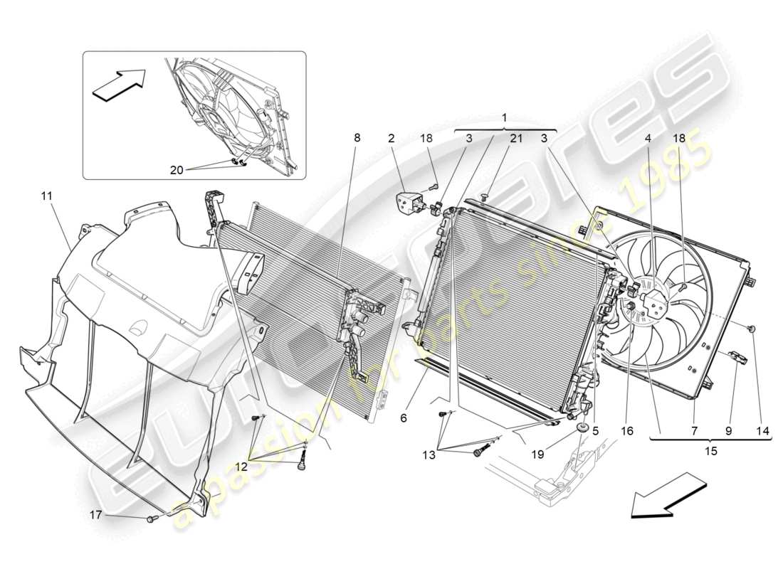 maserati ghibli (2017) enfriamiento: diagrama de piezas de conductos y radiadores de aire