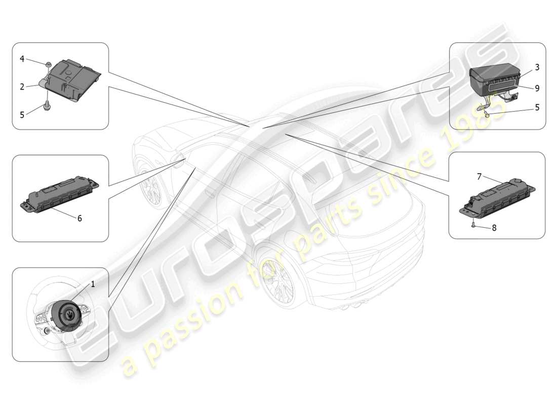 maserati grecale gt (2023) diagrama de piezas del sistema de airbag delantero