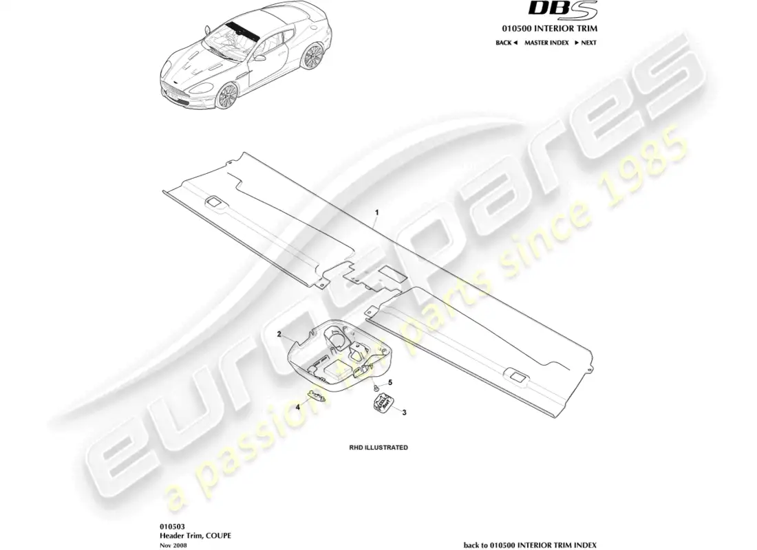 aston martin dbs (2010) embellecedor de cabecera, cupé diagrama de piezas