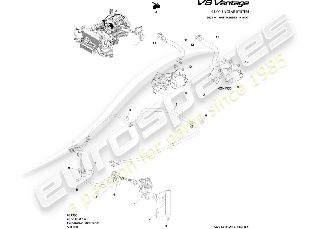 aston martin v8 vantage (2008) diagrama de partes de emisiones evaporativas