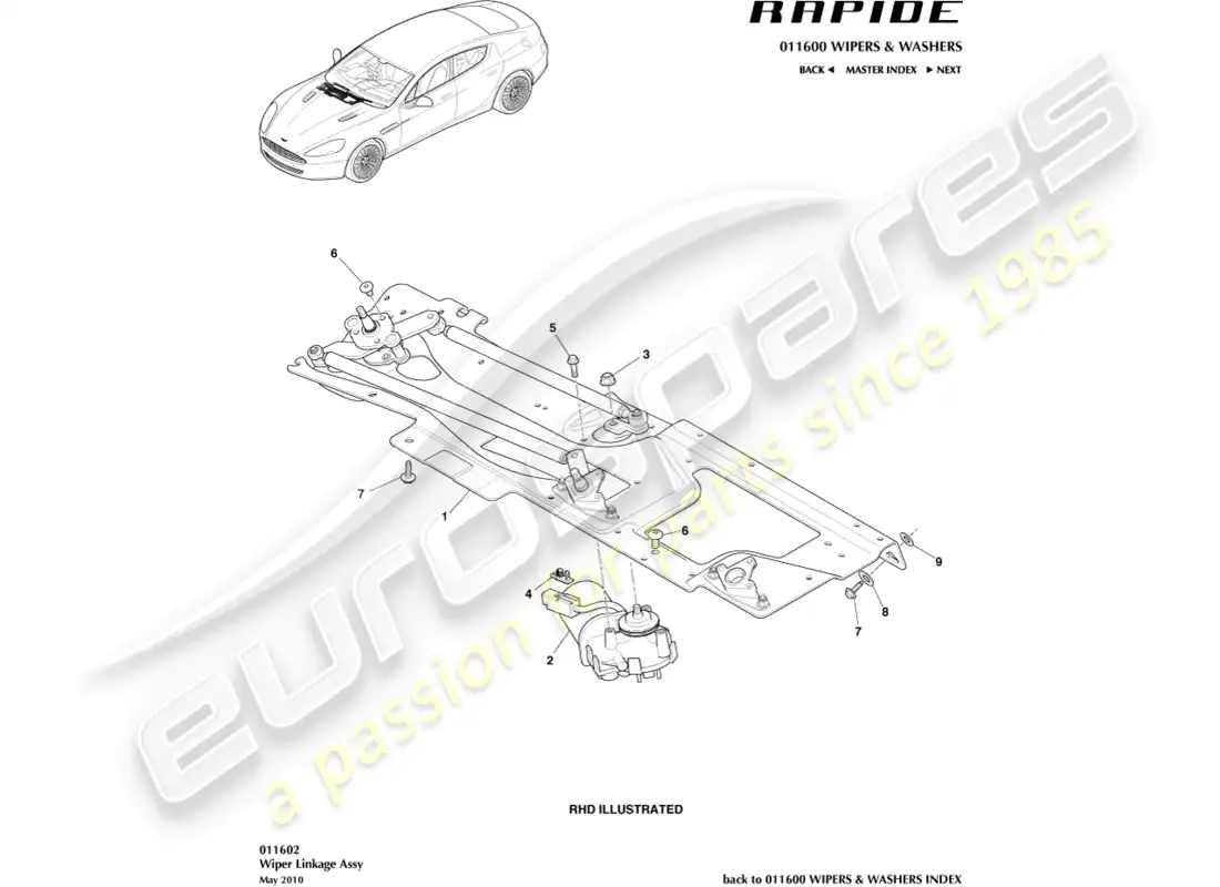 aston martin rapide (2012) varillaje del limpiaparabrisas diagrama de piezas