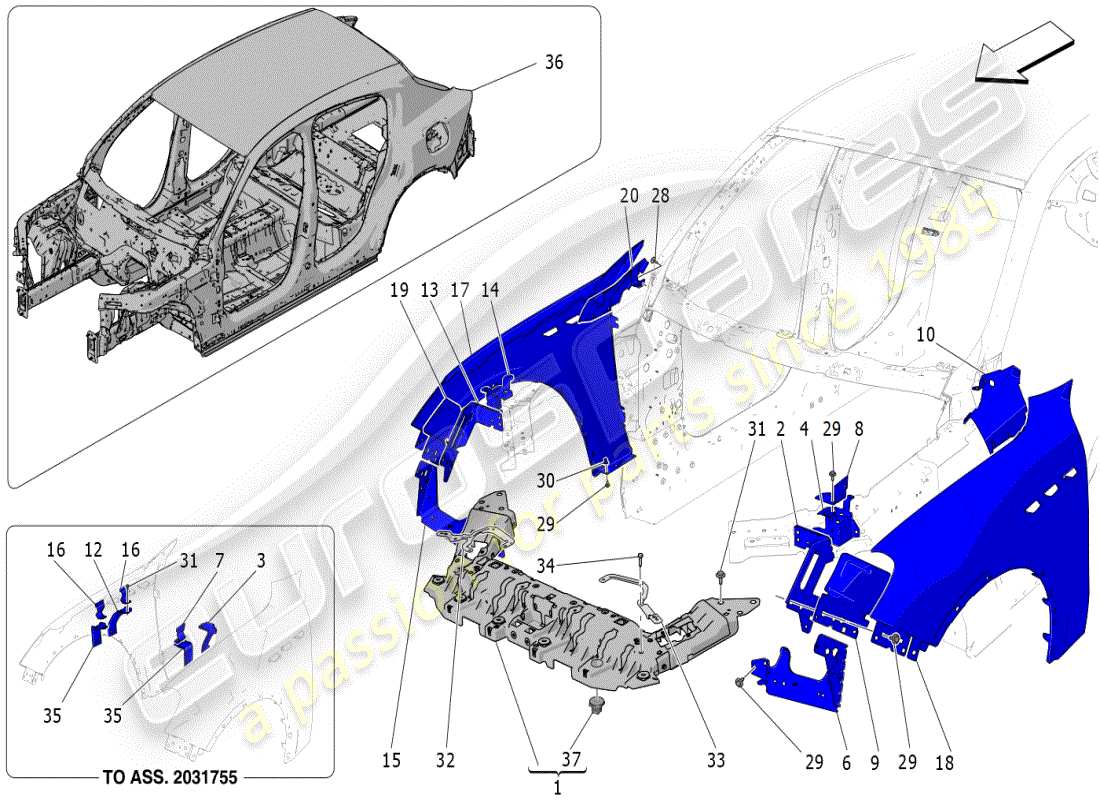 maserati grecale modena (2023) diagrama de piezas de la carrocería y los paneles exteriores delanteros