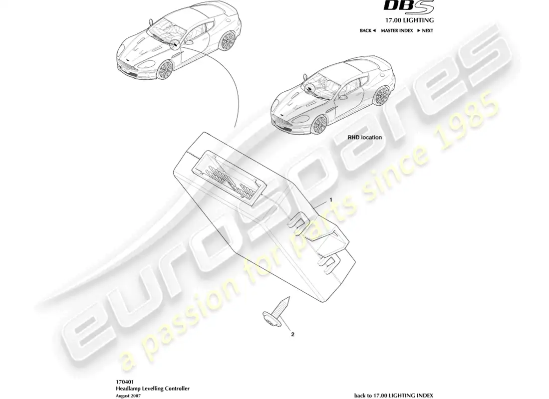 aston martin dbs (2008) controlador de nivelación de faros diagrama de piezas