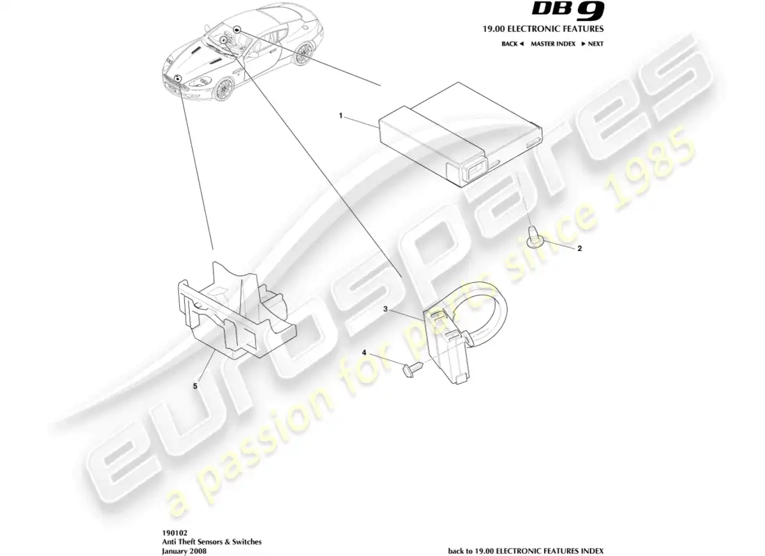 aston martin db9 (2009) sensores e interruptores antirrobo diagrama de piezas