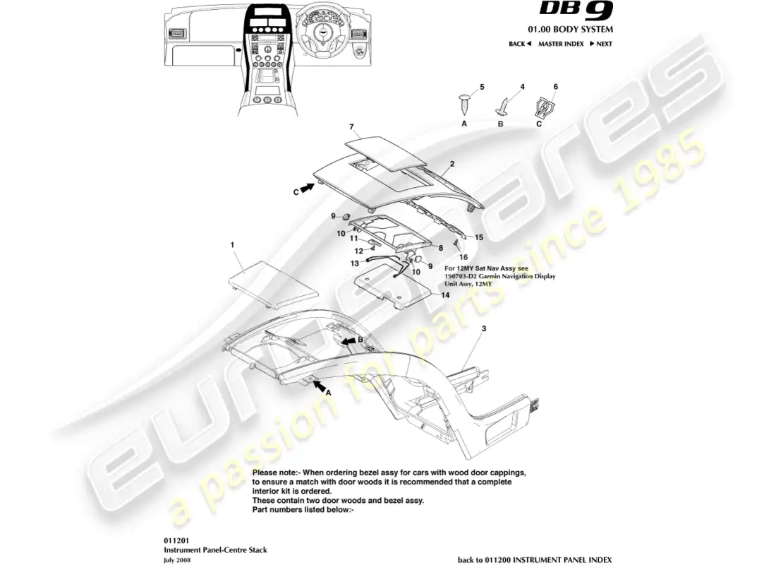 aston martin db9 (2004) consola central del panel de instrumentos diagrama de piezas