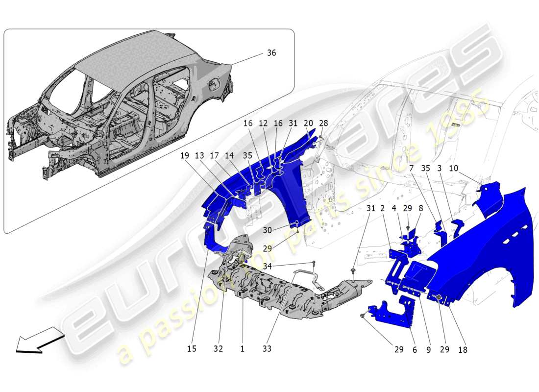 maserati grecale trofeo (2023) diagrama de piezas de la carrocería y los paneles exteriores delanteros