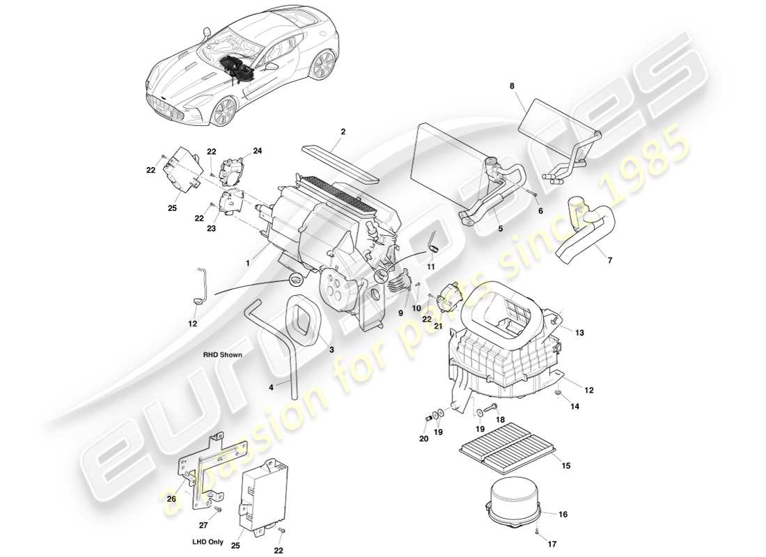 aston martin one-77 (2011) diagrama de piezas del evaporador y calentador