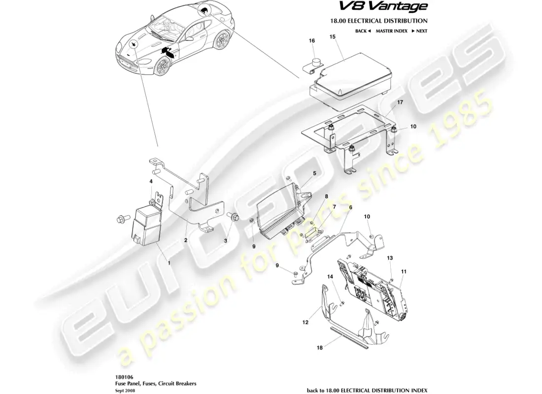 aston martin v8 vantage (2008) diagrama de piezas de los paneles de fusibles