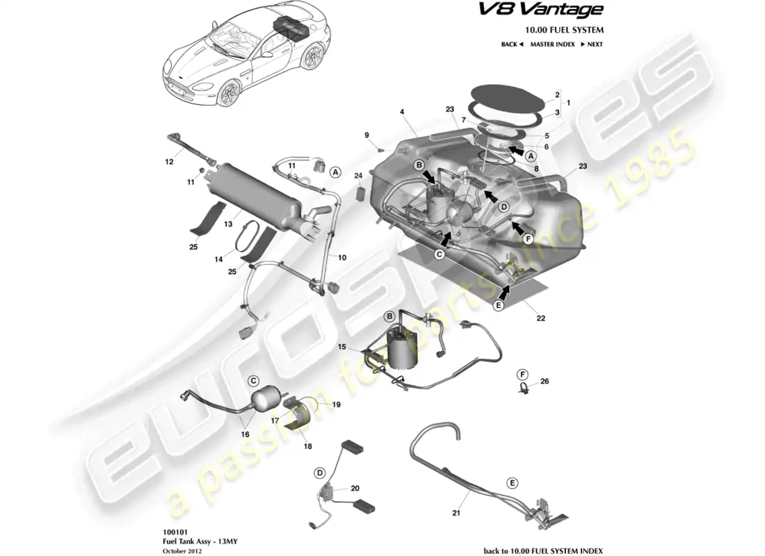 aston martin v8 vantage (2008) conjunto del tanque de combustible, 13my en el diagrama de piezas